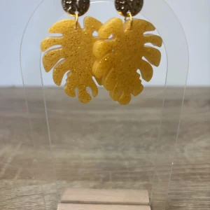 Boucles d’oreilles feuille jaune pailleté