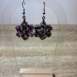 Boucles fleur argent paillettes fuschia
